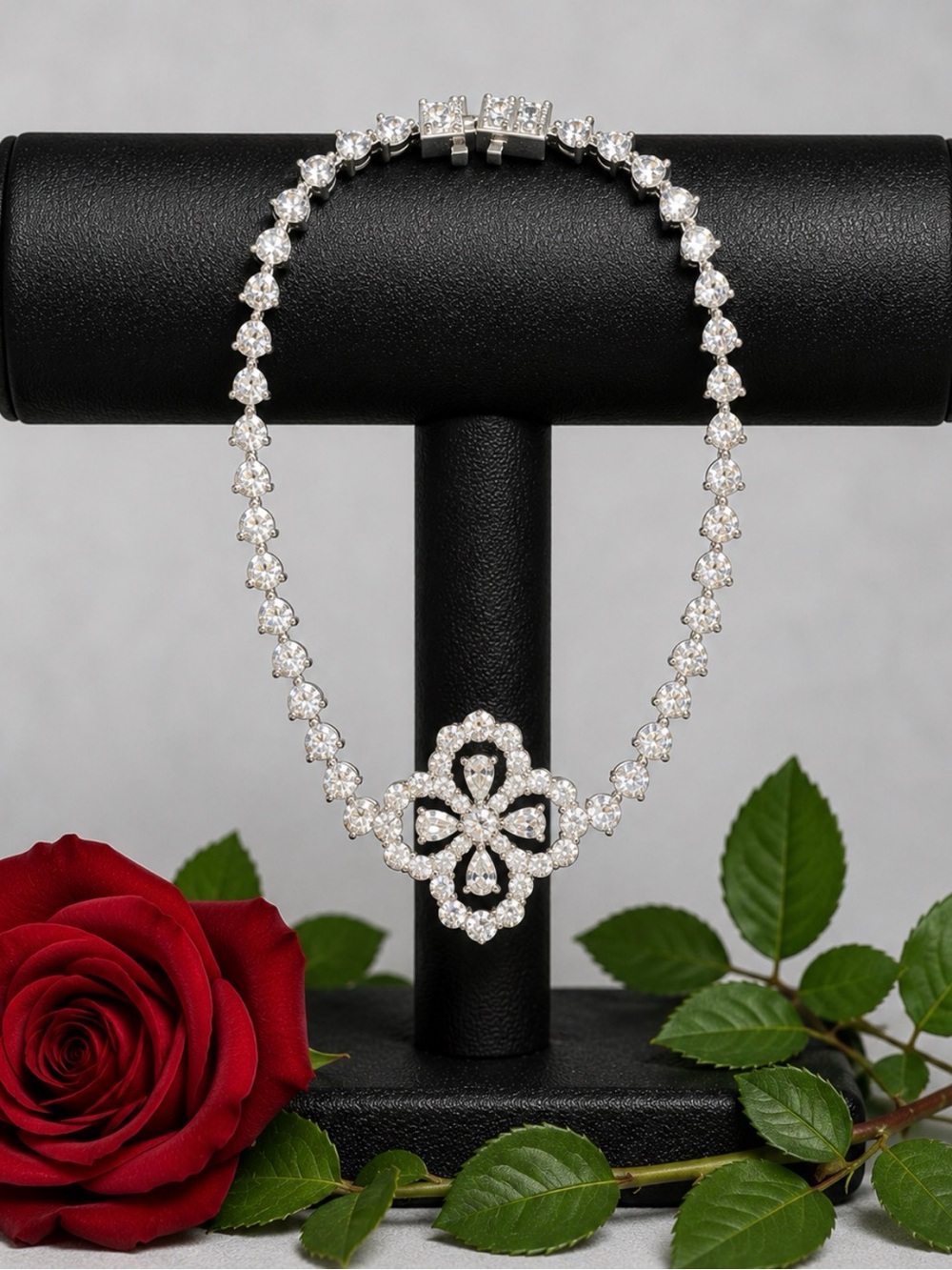 Bracelet Sterling Silver Clover Rhinestone Tennis Bracelet w/Safety Clasp